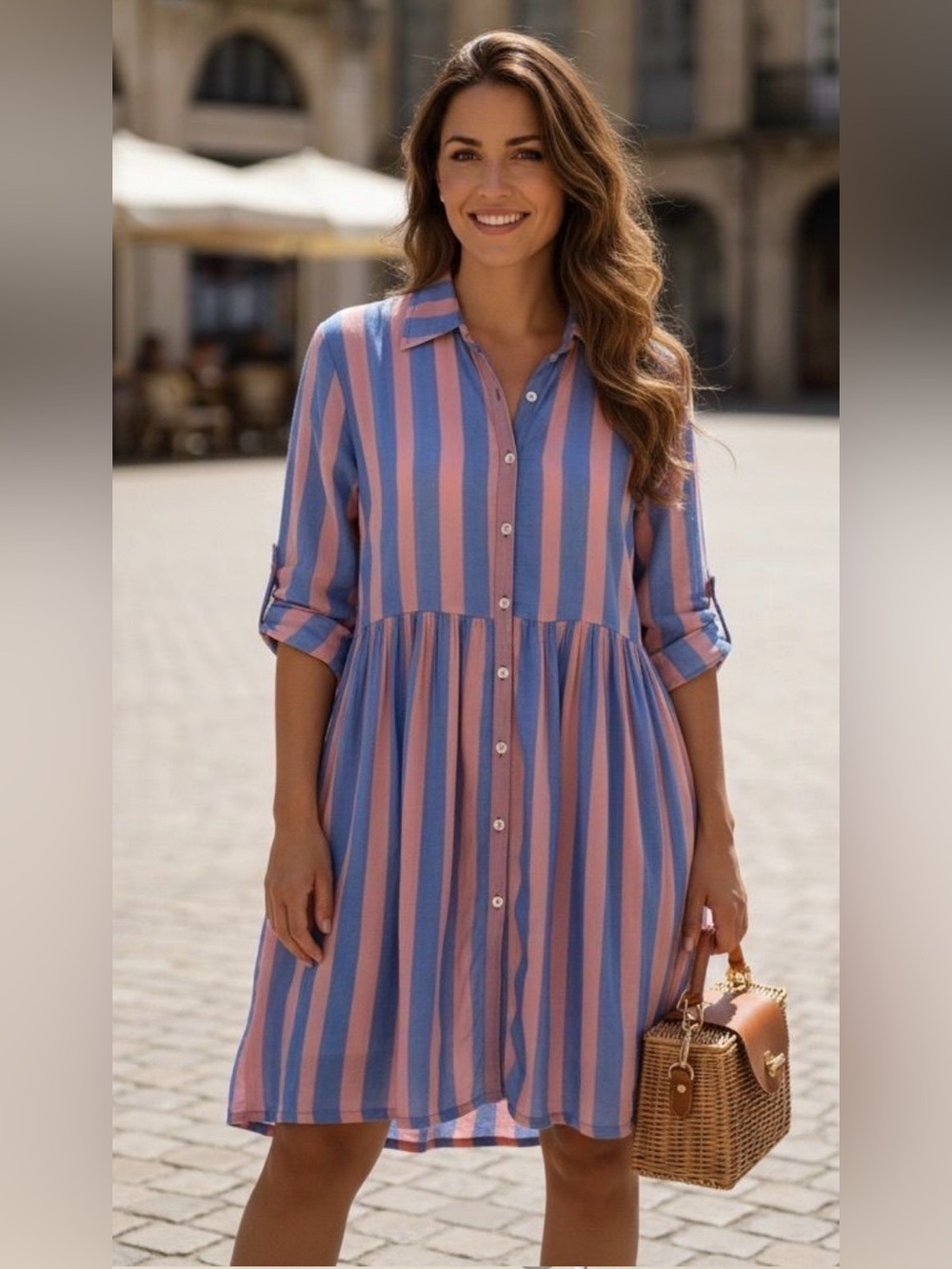 Oliphant Pink and Blue Vertical-Stripe Button Shirt Dress